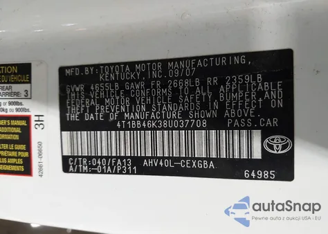 2008 Toyota Camry Hybrid из США, поврежденный, VIN 4T1BB46K38U037708